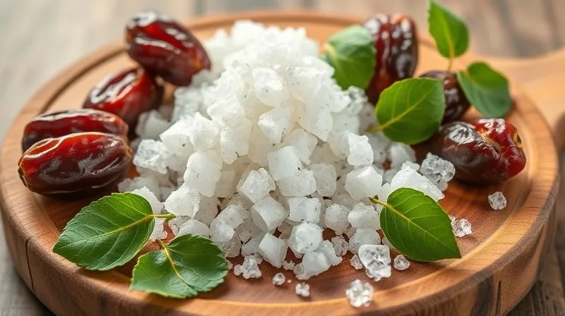 Photorealistic image of various natural sweeteners like dates, stevia leaves, and erythritol crystals, arranged elegantly on a wooden board, with soft, diffused lighting. 8K, cinematic lighting, sharp focus, depth of field, shot on a high-end DSLR.