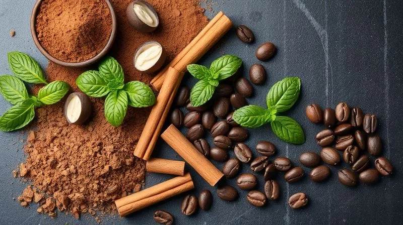 A vibrant, photorealistic flat lay of various aromatic ingredients for protein shakes: cocoa powder, vanilla pods, cinnamon sticks, fresh mint leaves, and coffee beans, artfully arranged on a dark, textured surface. 8K, cinematic lighting, sharp focus, depth of field, shot on a high-end DSLR.