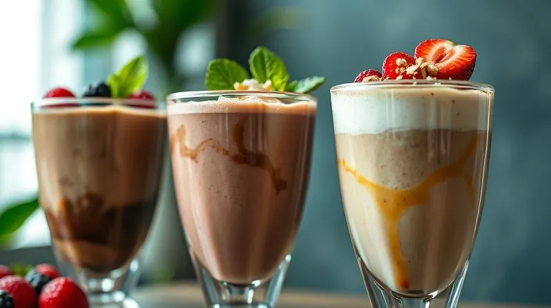 A close-up, photorealistic shot of three different, beautifully layered protein shakes in elegant glasses, each representing a distinct flavor profile (e.g., chocolate, tropical, caramel). The shakes are garnished meticulously with ingredients like fresh berries, mint leaves, and a sprinkle of cocoa or shredded coconut. 8K, cinematic lighting, sharp focus, depth of field, shot on a high-end DSLR.