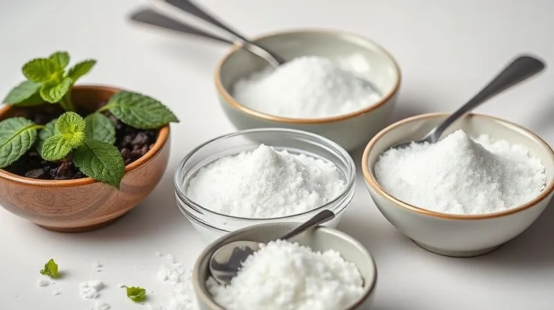 A close-up, photorealistic image of various natural sweeteners (stevia, erythritol, xylitol) in elegant small bowls, with a spoon resting beside each, against a clean, bright background. Shot on a high-end DSLR, 8K, cinematic lighting, sharp focus, depth of field.