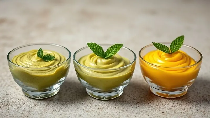 A photorealistic, professional photography image of three small, elegant glass bowls, each containing a different variation of avocado cream: one rich green (classic), one lighter green (lemon), and one with a hint of orange/yellow (mango/passion fruit). Each is artfully garnished with fresh fruit or herbs. Shot on a high-end DSLR, 8K, cinematic lighting, sharp focus, depth of field.
