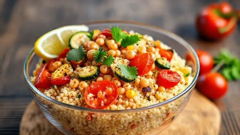 A photorealistic, vibrant couscous salad served in a clear glass bowl, showcasing layers of fluffy couscous, colorful grilled vegetables (red and yellow bell peppers, zucchini), cherry tomatoes, fresh cucumber, and chickpeas, garnished with fresh parsley and a lemon wedge. Cinematic lighting, sharp focus, depth of field, 8K hyper-detailed, professional photography, shot on a high-end DSLR.