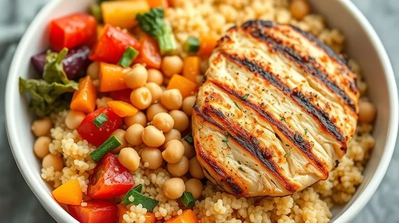 Photorealistic close-up of a perfectly cooked couscous bowl, half filled with colorful vegetables and chickpeas, the other half with grilled lean chicken breast, showcasing a healthy balance of protein, fiber, and carbohydrates. Cinematic lighting, sharp focus, depth of field. 8K, high-end DSLR.