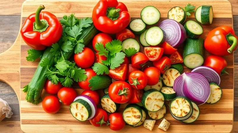 A vibrant, overhead shot of a wooden cutting board laden with various fresh, colorful vegetables (red bell peppers, cherry tomatoes, cucumbers, fresh parsley, red onion, grilled zucchini slices) ready to be added to a couscous salad. Natural light, professional food photography, sharp focus. 8K, high-end DSLR.