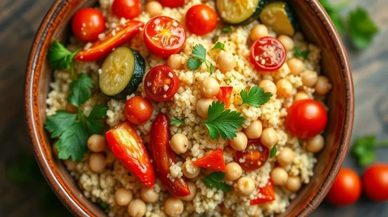 A close-up, top-down shot of a vibrant Mediterranean couscous salad in a rustic ceramic bowl, featuring fluffy couscous, roasted red peppers, zucchini, cherry tomatoes, fresh parsley, and chickpeas, drizzled with a light lemon-herb dressing. Professional food photography, natural light, sharp focus, depth of field. 8K, high-end DSLR.