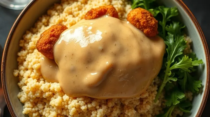 A close-up, top-down shot of an overflowing bowl of couscous with a large dollop of creamy, high-fat sauce and greasy fried chicken pieces, contrasting with a small side of wilting greens. The lighting is harsh, emphasizing the unhealthy abundance. Photorealistic, professional photography, 8K, sharp focus on the overflowing bowl, shallow depth of field, shot on a high-end DSLR.