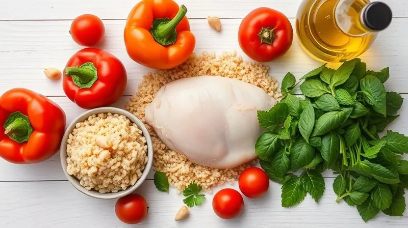 A beautifully arranged flat lay of fresh, colorful ingredients for a healthy couscous dinner: a small bowl of dry whole-grain couscous, vibrant bell peppers, cherry tomatoes, fresh spinach, a lean chicken breast, a bottle of olive oil, and an array of fresh herbs like parsley and mint. All are neatly organized on a light wooden background. Photorealistic, professional photography, 8K, cinematic lighting, sharp focus, depth of field, shot on a high-end DSLR.