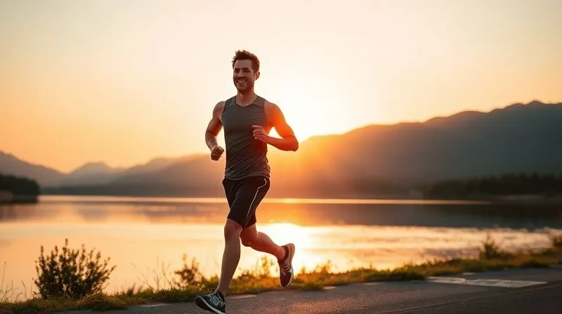 A dynamic, photorealistic shot of a person jogging along a scenic lake at sunset, with distant mountains. The person is fit and smiling, embodying health and vitality. The light is golden and warm, creating a sense of peace and achievement. Sharp focus on the runner, with a natural depth of field. Professional photography, 8K, cinematic lighting, shot on a high-end DSLR.