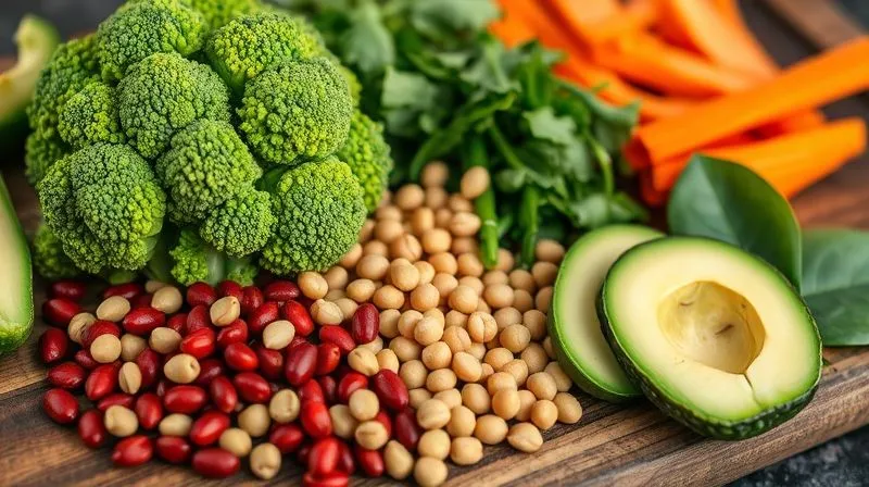 A vibrant, close-up photorealistic image of fresh, colorful soup ingredients arranged artfully on a dark wooden cutting board: bright green broccoli florets, red lentils, chickpeas, a handful of spinach, a few slices of avocado, and a sprinkle of pumpkin seeds. The ingredients are perfectly lit with cinematic lighting, showcasing their texture and freshness. Sharp focus, depth of field, 8K, professional photography, shot on a high-end DSLR.