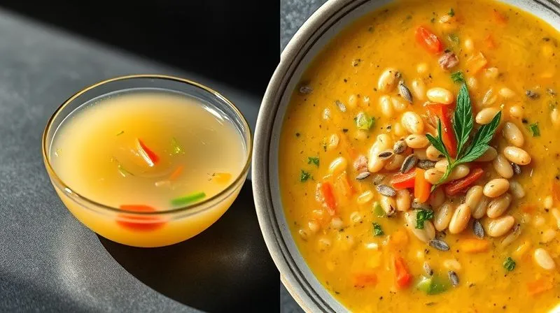 A photorealistic split image: on the left, a small, watery bowl of clear broth with sparse vegetables, looking unappetizing. On the right, a large, vibrant bowl of thick, creamy vegetable and lentil soup, garnished with fresh herbs and seeds, looking rich and satisfying. Cinematic lighting, sharp focus, 8K, professional photography, shot on a high-end DSLR, illustrating the contrast between an unsatisfying and a truly satisfying light soup.