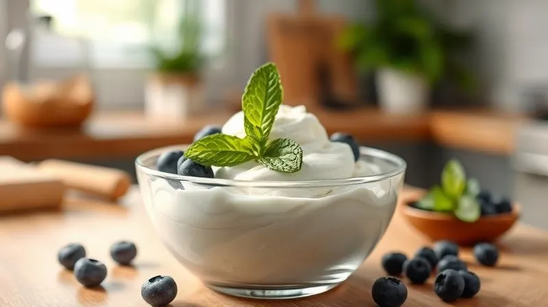 Photorealistic image of a beautifully styled, light and airy coconut cream dessert in a glass bowl, garnished with fresh mint leaves and a few scattered blueberries, with a blurred background of a healthy kitchen setting, cinematic lighting, 8K hyper-detailed.