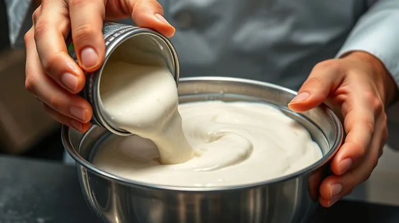 Photorealistic image of a professional chef's hands carefully scooping thick coconut cream from a chilled can into a cold metal mixing bowl, with drops of water visible on the can and bowl, cinematic lighting, sharp focus on the hands and cream, 8K hyper-detailed.