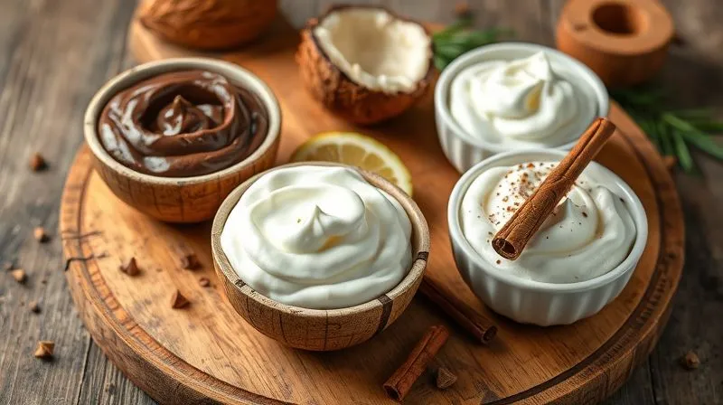 Photorealistic image of a variety of small bowls containing different flavored coconut creams: one chocolate, one with lemon zest, one with cinnamon, all beautifully arranged on a rustic wooden board, with fresh ingredients scattered around, cinematic lighting, 8K hyper-detailed.