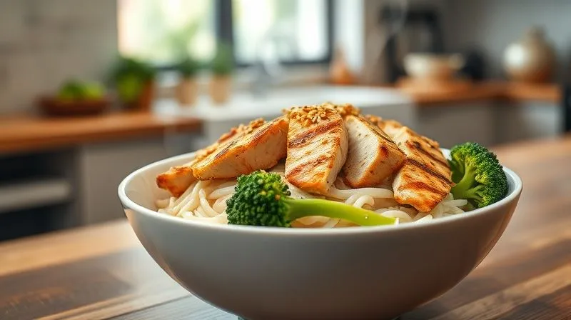 Photorealistic, professional photography, 8K, cinematic lighting, sharp focus, depth of field, shot on a high-end DSLR. A beautifully arranged bowl of gluten-free rice noodles, generously topped with perfectly grilled chicken breast slices, vibrant green broccoli florets, and a sprinkle of toasted sesame seeds. The steam is gently rising, indicating freshness. The background is a soft-focus, modern kitchen, with natural light highlighting the textures of the food. The overall impression is healthy, fulfilling, and delicious.