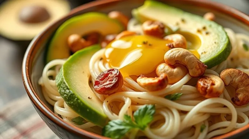 Photorealistic, professional photography, 8K, cinematic lighting, sharp focus, depth of field, shot on a high-end DSLR. A close-up shot of a vibrant bowl of gluten-free rice noodles, with beautifully sliced avocado, a scattering of toasted cashews, and a drizzle of golden olive oil. The ingredients are glistening under cinematic lighting, with a shallow depth of field focusing on the rich textures. The overall impression is one of nourishing and gourmet healthy eating.
