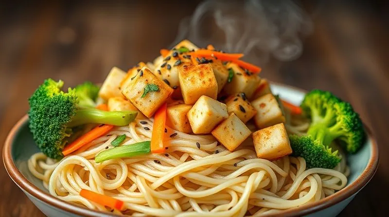 Photorealistic, professional photography, 8K, cinematic lighting, sharp focus, depth of field, shot on a high-end DSLR. A vibrant, colorful plate of vegan gluten-free rice noodles, generously topped with crispy pan-fried tofu cubes, bright green broccoli, julienned carrots, and a sprinkle of black sesame seeds. The composition is dynamic and appetizing, with steam subtly rising. The background is blurred, focusing entirely on the fresh, wholesome meal.