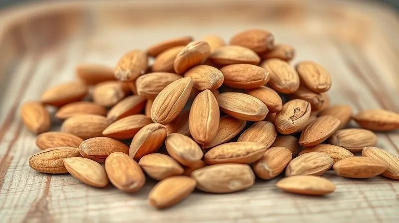 Photorealistic, professional photography, 8K, cinematic lighting, sharp focus, depth of field, shot on a high-end DSLR. A close-up of a handful of raw, whole, organic almonds, pristine and light brown, resting on a clean, rustic wooden surface. The background is softly blurred, highlighting the natural texture and quality of the nuts. The lighting is bright and natural, emphasizing freshness and purity.
