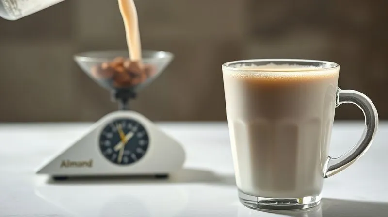 Photorealistic, professional photography, 8K, cinematic lighting, sharp focus, depth of field, shot on a high-end DSLR. A close-up of a glass of frothy, light almond milk being poured into a coffee cup, with steam gently rising. In the background, a small, elegant scale is weighing a handful of almonds, symbolizing precision and calorie control. The setting is bright and clean, emphasizing healthy choices.