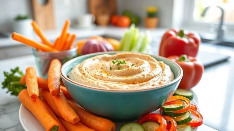 A vibrant, healthy breakfast spread featuring a bowl of homemade hummus surrounded by fresh, colorful vegetables like carrot sticks, cucumber slices, and bell pepper strips, all set on a bright, clean kitchen counter with soft, natural light, 8K, photorealistic, professional photography, depth of field.