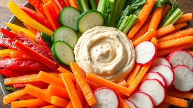 A beautifully arranged platter of fresh, colorful, raw vegetables like vibrant red bell pepper strips, crisp green cucumber spears, radiant orange carrot sticks, and bright white radish slices, ready to be dipped into a creamy hummus. The arrangement is artistic and appealing, suggesting health and freshness. Photorealistic, professional photography, 8K, sharp focus.