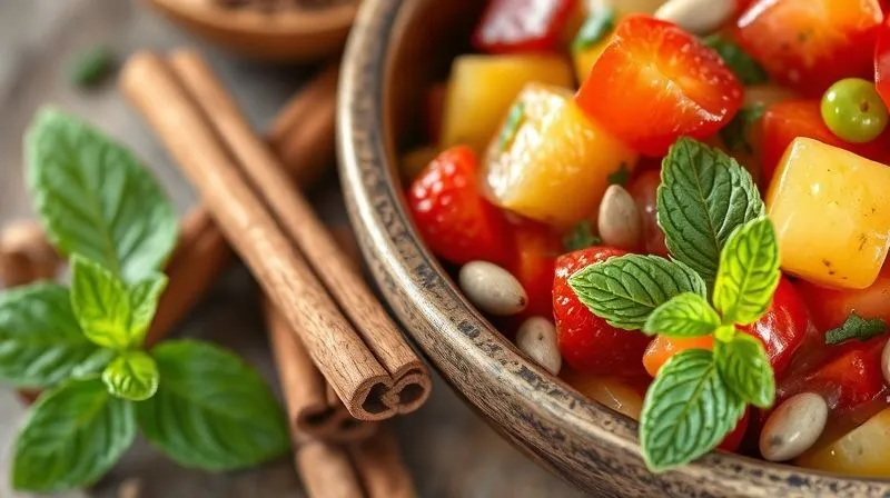 A close-up, photorealistic image of fresh mint leaves, cinnamon sticks, and vanilla pods artfully arranged next to a bowl of vibrant, colorful fruit salad, with soft, natural light highlighting the textures. 8K hyper-detailed, cinematic lighting, sharp focus, depth of field, shot on a high-end DSLR.