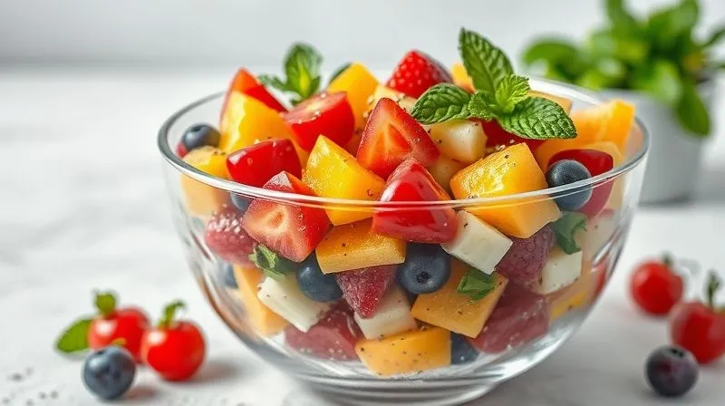 A photorealistic, professional photography shot of a perfectly layered, vibrant fruit salad in a modern glass bowl, garnished with fresh mint leaves and a sprinkle of chia seeds. The composition is bright and inviting, showcasing a variety of colorful fruits with different textures. 8K hyper-detailed, cinematic lighting, sharp focus, depth of field, shot on a high-end DSLR.