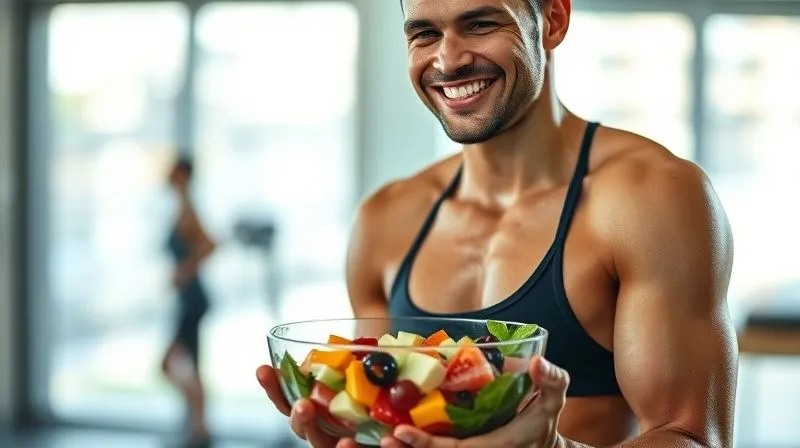 A photorealistic image of a fit person smiling and holding a clear glass bowl of vibrant fruit salad, enjoying it after a workout session in a bright, modern gym environment. Sweat glistening on their skin, conveying freshness and satisfaction. 8K hyper-detailed, cinematic lighting, sharp focus, depth of field, shot on a high-end DSLR.