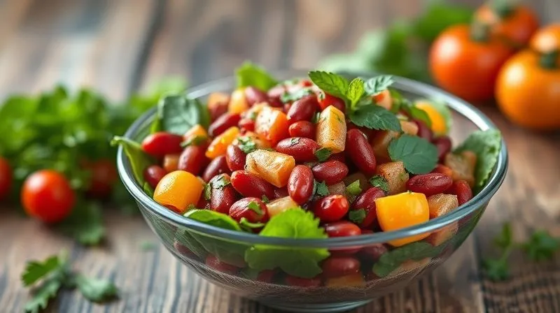 A photorealistic image of a vibrant, colorful bowl of low-calorie red bean salad with fresh vegetables, herbs, and a light dressing, emphasizing freshness and health. Professional photography, 8K, cinematic lighting, sharp focus on the salad, depth of field blurring the background, shot on a high-end DSLR.