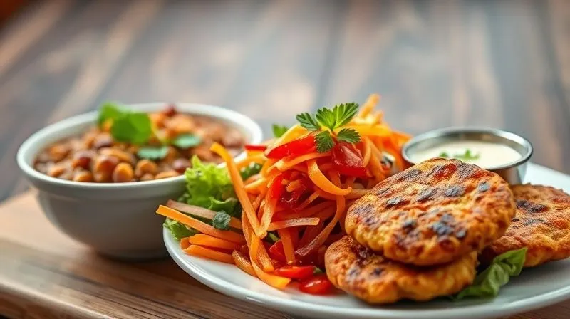 A photorealistic image of three distinct, beautifully arranged low-calorie red bean dishes: a bowl of chili sin carne, a vibrant Buddha bowl, and crispy red bean patties with a fresh dip. Each dish looks appetizing and healthy. Professional photography, 8K, cinematic lighting, sharp focus on the food, depth of field blurring the background, shot on a high-end DSLR.