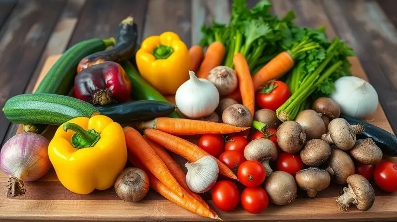 A vibrant, eye-level photorealistic professional photography shot of a colorful assortment of fresh, raw vegetables laid out on a rustic wooden cutting board, including bell peppers (red, yellow, green), zucchini, eggplant, carrots, celery, onions, garlic, cherry tomatoes, and various mushrooms. The composition is artfully arranged, highlighting the natural textures and colors. Cinematic lighting, sharp focus on the vegetables, depth of field blurring the background. 8K hyper-detailed, shot on a high-end DSLR.