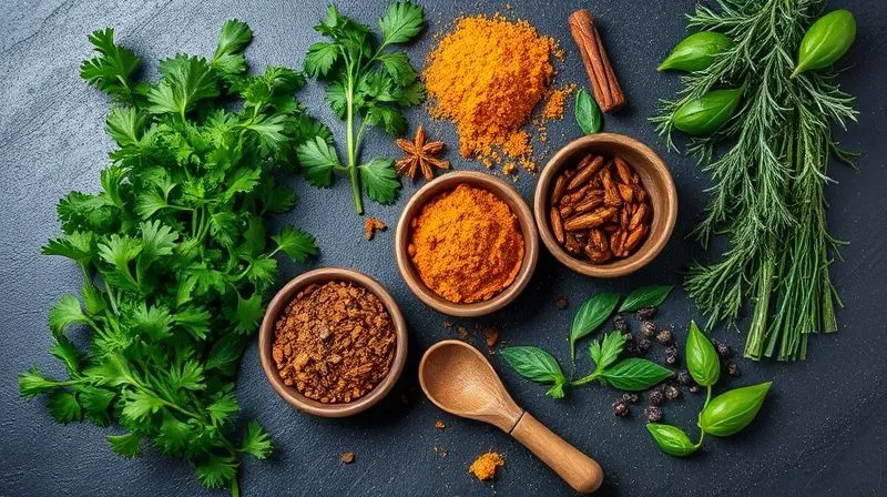 A close-up, top-down photorealistic professional photography shot of a vibrant array of fresh herbs and dried spices artfully arranged on a dark, textured surface. Features include fresh parsley, cilantro, basil, rosemary, thyme sprigs, alongside small bowls of ground cumin, smoked paprika, turmeric, chili flakes, and black peppercorns. The lighting is cinematic, highlighting the textures and colors of the spices. Sharp focus, depth of field. 8K hyper-detailed, shot on a high-end DSLR.