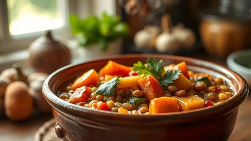 A professional, close-up photorealistic shot of a steaming, rich, and colorful low-calorie vegetable stew with lentils in a rustic ceramic bowl, garnished with fresh parsley. The stew is vibrant with visible pieces of bell peppers, zucchini, carrots, and pumpkin. The background is a soft, warm blur of a kitchen setting with natural light. Cinematic lighting, sharp focus on the stew, depth of field. 8K hyper-detailed, shot on a high-end DSLR.