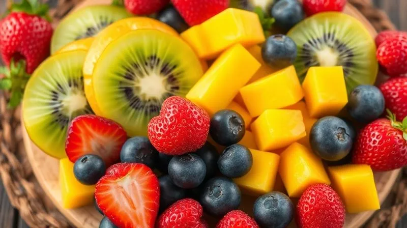 A vibrant, photorealistic overhead shot of a selection of fresh, colorful berries (strawberries, blueberries, raspberries), sliced kiwi, and mango cubes artfully arranged on a rustic wooden board, ready to be added to yogurt. Cinematic lighting, sharp focus on the fruits, depth of field blurring the background, 8K hyper-detailed, professional photography.