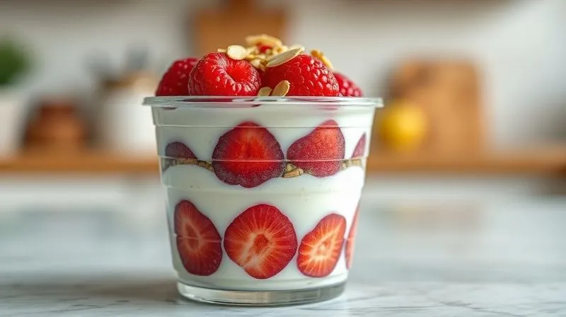 A close-up, photorealistic image of a beautifully layered fruit yogurt in a clear, portable lunchbox container. The layers show creamy white yogurt, vibrant red berries, and a sprinkle of chia seeds and chopped almonds on top. The background is softly blurred, hinting at a healthy kitchen environment. Cinematic lighting, sharp focus, depth of field, 8K, professional photography, appetizing and healthy.