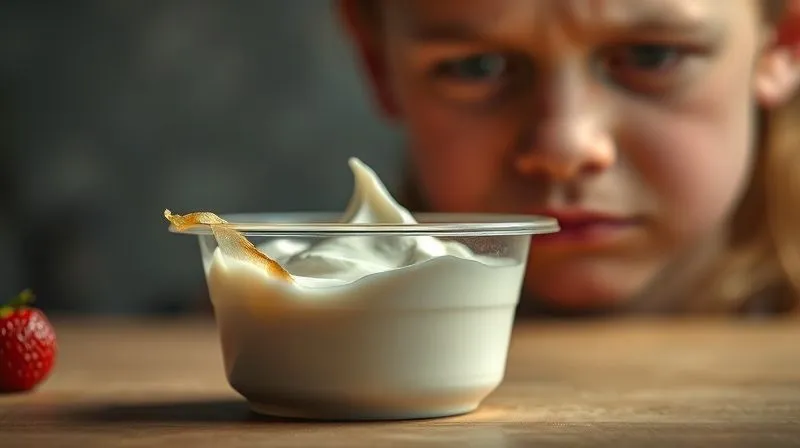 A conceptual, photorealistic image representing common mistakes in preparing healthy food. A slightly wilted, unappealing fruit yogurt in a poorly sealed container, with a sad expression on a person's face in the blurred background. The lighting is dull, emphasizing the lack of freshness. Sharp focus on the container, depth of field. 8K, professional photography, conveying disappointment.