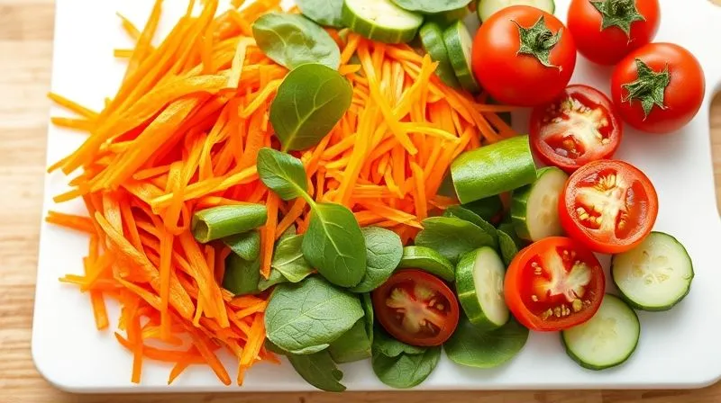 photorealistic, professional photography, 8K, cinematic lighting, sharp focus, depth of field, shot on a high-end DSLR. A vibrant assortment of perfectly dry, crisp vegetables (bell peppers, shredded carrots, spinach leaves, de-seeded cucumber slices, cherry tomatoes cut in half with seeds removed) neatly arranged on a white cutting board, ready for a low-calorie wrap. The scene is bright and clean, emphasizing freshness.