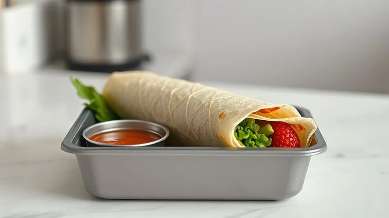 photorealistic, professional photography, 8K, cinematic lighting, sharp focus, depth of field, shot on a high-end DSLR. A perfectly rolled, low-calorie wrap, tightly wrapped in food-grade parchment paper, then placed in a modern, bento-style lunchbox with separate compartments. One compartment holds a small container of sauce, another some fresh, crisp berries. The wrap looks pristine and dry, ready for transport. The background is a clean, minimalist kitchen setting.