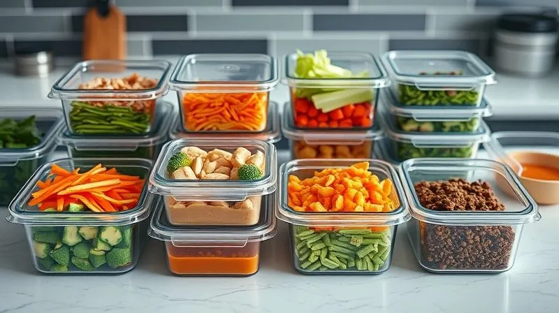 photorealistic, professional photography, 8K, cinematic lighting, sharp focus, depth of field, shot on a high-end DSLR. A meticulously organized kitchen counter with various meal prep containers filled with pre-chopped, dry vegetables, cooked lean protein, and separate sauce containers. Everything is neatly arranged, suggesting efficiency and healthy planning. The scene is clean, modern, and inspiring for healthy eating habits.