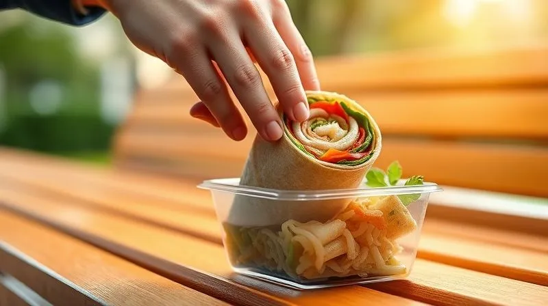 photorealistic, professional photography, 8K, cinematic lighting, sharp focus, depth of field, shot on a high-end DSLR. A person's hand reaching into a modern, clear bento box to pick up a perfectly fresh, vibrant, low-calorie wrap. The wrap is neatly rolled, showing crisp ingredients and no signs of sogginess. The background is a bright, inviting office desk or park bench, evoking a sense of satisfaction and healthy eating on the go. Focus on the crispness and appeal of the wrap.