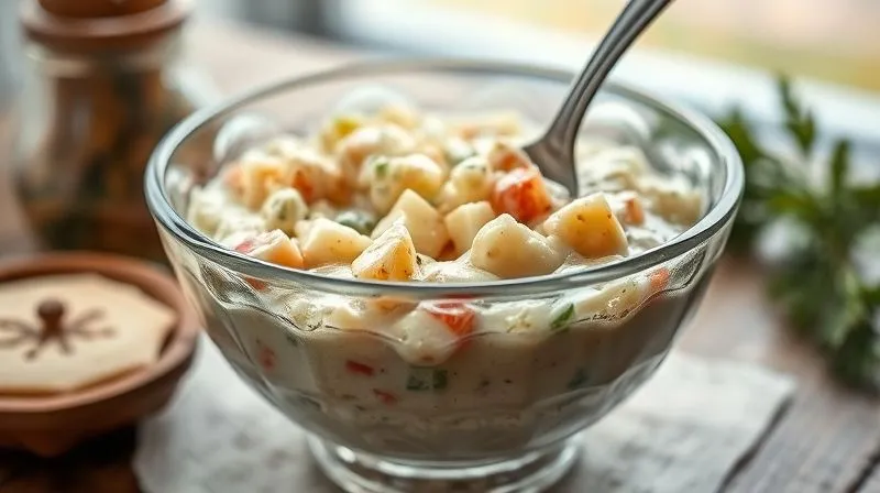 A close-up, photorealistic image of a vintage glass bowl filled with traditional, creamy Polish vegetable salad (sa?atka jarzynowa), with a spoon sinking into it, emphasizing its rich, heavy texture. The background is softly blurred, suggesting a festive, indulgent setting. Cinematic lighting, sharp focus, depth of field, 8K, professional photography, shot on a high-end DSLR.