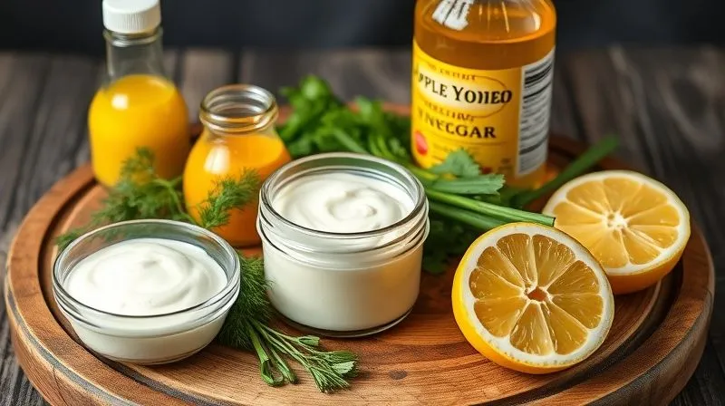 A vibrant, photorealistic studio shot of various healthy, low-fat dressing ingredients: a bowl of creamy Greek yogurt, a small jar of Dijon mustard, fresh dill and chives, a bottle of apple cider vinegar, and a lemon cut in half. All arranged on a rustic wooden board with cinematic lighting, sharp focus, depth of field, 8K, professional photography, shot on a high-end DSLR.