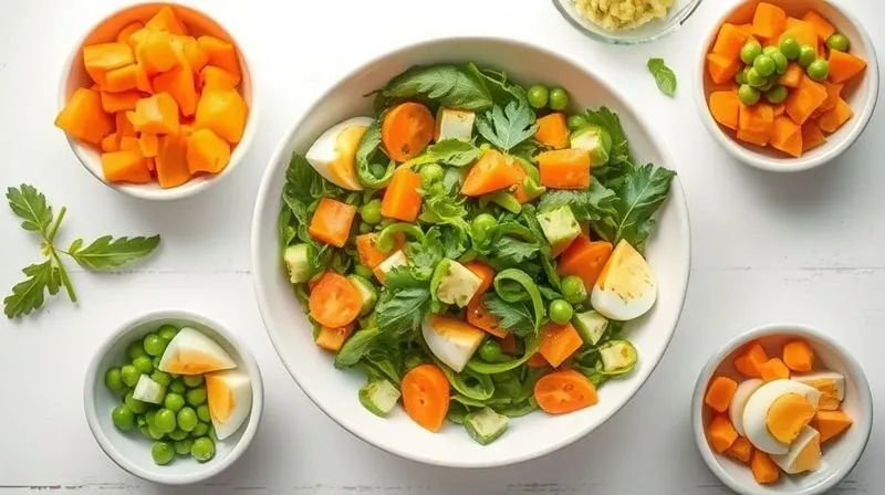 A beautifully composed, photorealistic overhead shot of a fresh, low-fat vegetable salad in a modern white bowl, surrounded by individual small bowls of diced ingredients: vibrant carrots, green peas, hard-boiled egg slices, and a light yogurt-based dressing. The setting is bright and clean, with soft, natural light, emphasizing freshness and healthy eating. Professional photography, 8K, sharp focus, depth of field, shot on a high-end DSLR.