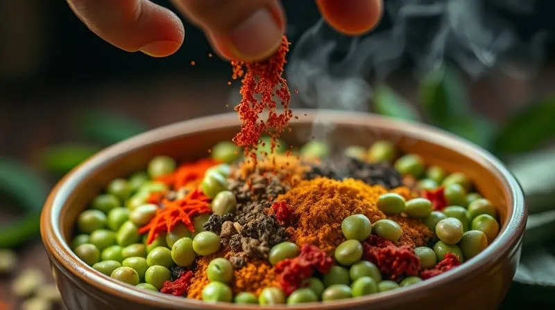 Photorealistic close-up of a hand sprinkling various colorful spices over a bowl of fresh green beans, with steam gently rising, cinematic lighting, sharp focus on the spices and beans, depth of field blurring the background, 8K hyper-detailed.