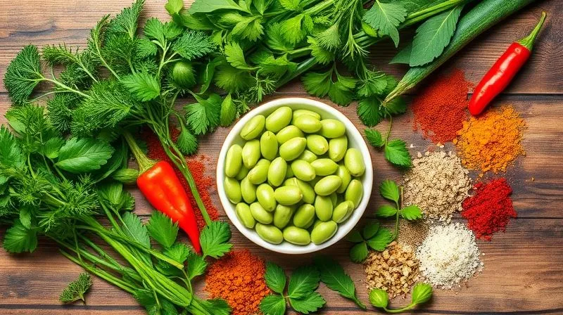 A vibrant, photorealistic flat lay of various fresh herbs (dill, parsley, basil, mint, thyme, rosemary) and colorful spices (paprika, cumin, coriander, chili flakes, black pepper) artfully arranged around a small bowl of blanched green beans, all on a rustic wooden background. Professional photography, 8K, sharp focus, cinematic lighting.