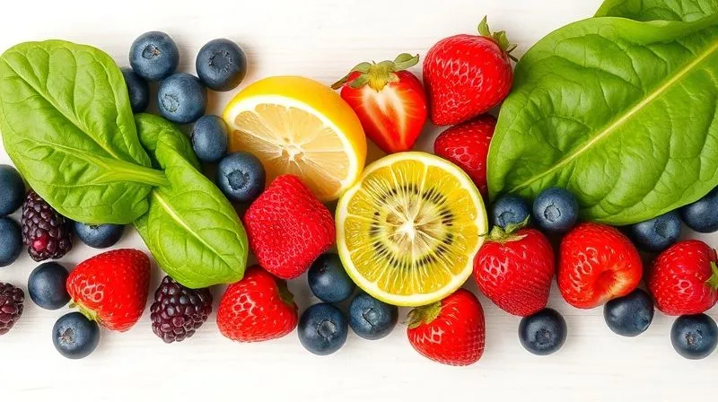 A vibrant, photorealistic flat lay of an assortment of fresh, low-calorie fruits and green leafy vegetables suitable for smoothies: blueberries, raspberries, strawberries, a sliced kiwi, a few spinach leaves, and a lemon wedge, arranged artfully on a light wooden background. Professional photography, 8K, cinematic lighting, sharp focus, depth of field, shot on a high-end DSLR.