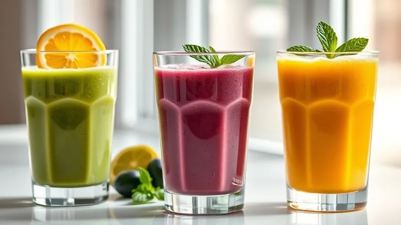 A close-up, photorealistic image of three distinct, colorful low-fat fruit smoothies in clear glasses on a minimalist white table. One green, one purple, one yellow/orange. Each glass garnished with a fresh fruit slice or mint leaf. Soft, natural light from a window highlights the textures. Professional photography, 8K, cinematic lighting, sharp focus on the smoothies, depth of field blurring the background, shot on a high-end DSLR.