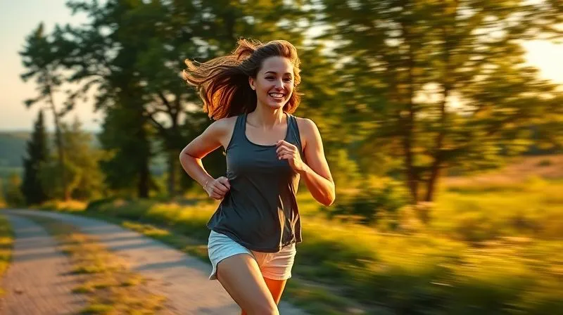 A dynamic, photorealistic image of a woman joyfully running on a scenic path at sunrise, with a vibrant, healthy glow. Her motion is captured with a slight blur, emphasizing movement, but her face is in sharp focus, showing determination and happiness. Lush green trees and a clear sky in the background. Professional photography, 8K, cinematic lighting, sharp focus, depth of field, shot on a high-end DSLR.