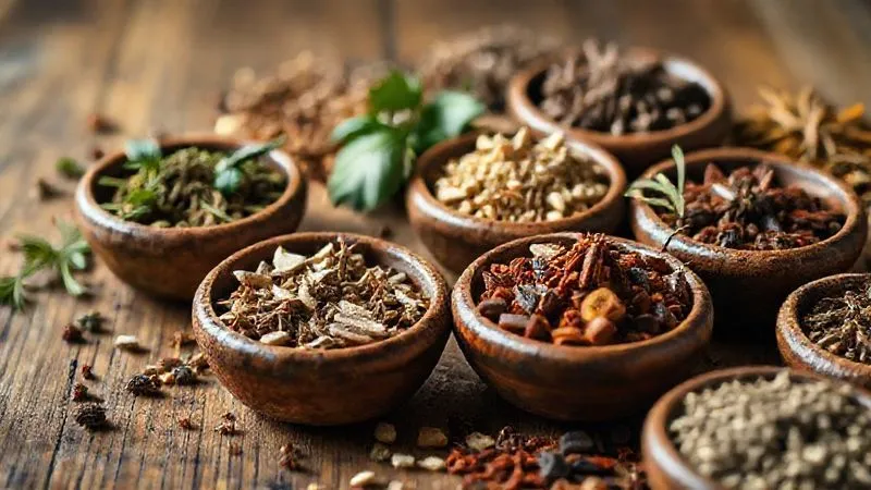 A close-up, photorealistic shot of various dried herbs and spices in small, rustic ceramic bowls on a wooden table, with cinematic lighting highlighting their textures and vibrant colors. Sharp focus on the spices, with a shallow depth of field. 8K hyper-detailed, professional photography, shot on a high-end DSLR.