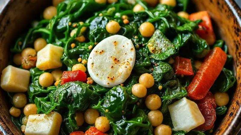 A vibrant, photorealistic bowl of stewed spinach, generously mixed with colorful low-fat additions like chopped hard-boiled eggs, chickpeas, and diced red bell peppers. The dish looks fresh, healthy, and incredibly appetizing, with cinematic lighting emphasizing the textures. Sharp focus, depth of field. 8K hyper-detailed, professional photography, shot on a high-end DSLR.