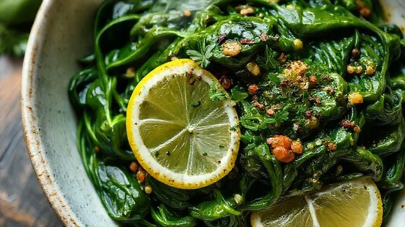A close-up, photorealistic image of a perfectly prepared bowl of low-fat stewed spinach with Mediterranean accents, garnished with fresh herbs and a lemon wedge. The spinach looks vibrant, tender, and incredibly flavorful, with steam gently rising. Cinematic lighting, sharp focus on the dish, shallow depth of field. 8K hyper-detailed, professional photography, shot on a high-end DSLR.